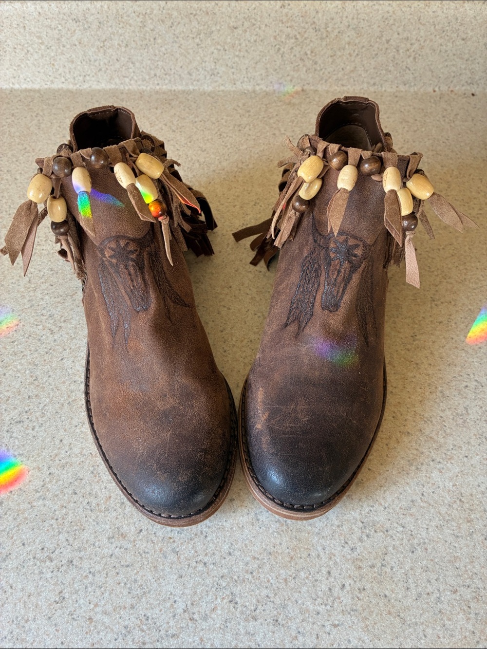 Gianni Bini Brown Suede Fringe Beaded Ankle Cowboy Boots